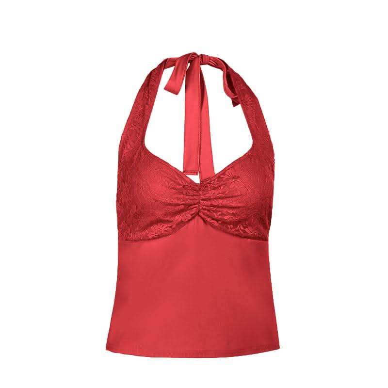 Halter self tie lace v neck ruched backless top