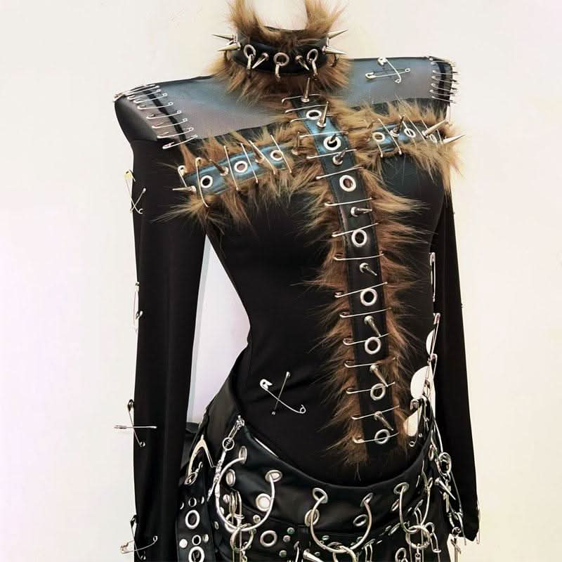 Long sleeve fluffy hollow out rivet applique cut out top