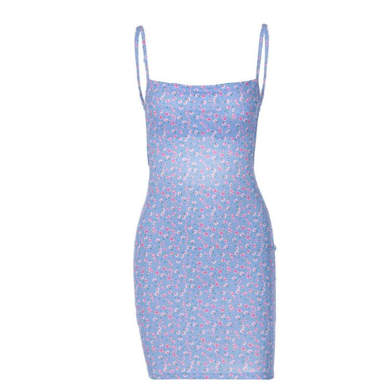 Ditsy Floral Print Spaghetti Strap Square Neck Bodycon Mini Dress
