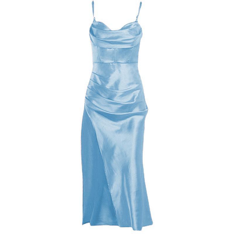 Cowl Neck Spaghetti Strap Corset Bodice Side Ruched Slit Satin Midi Dress