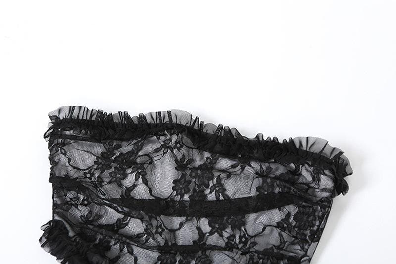 Lace ruffle solid slit hollow out backless tube cut out midi dress