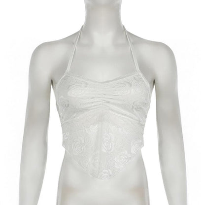 Halter lace ruched solid knotted top