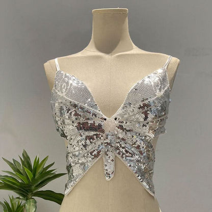 Deep V neck glitter cross back self tie cami top