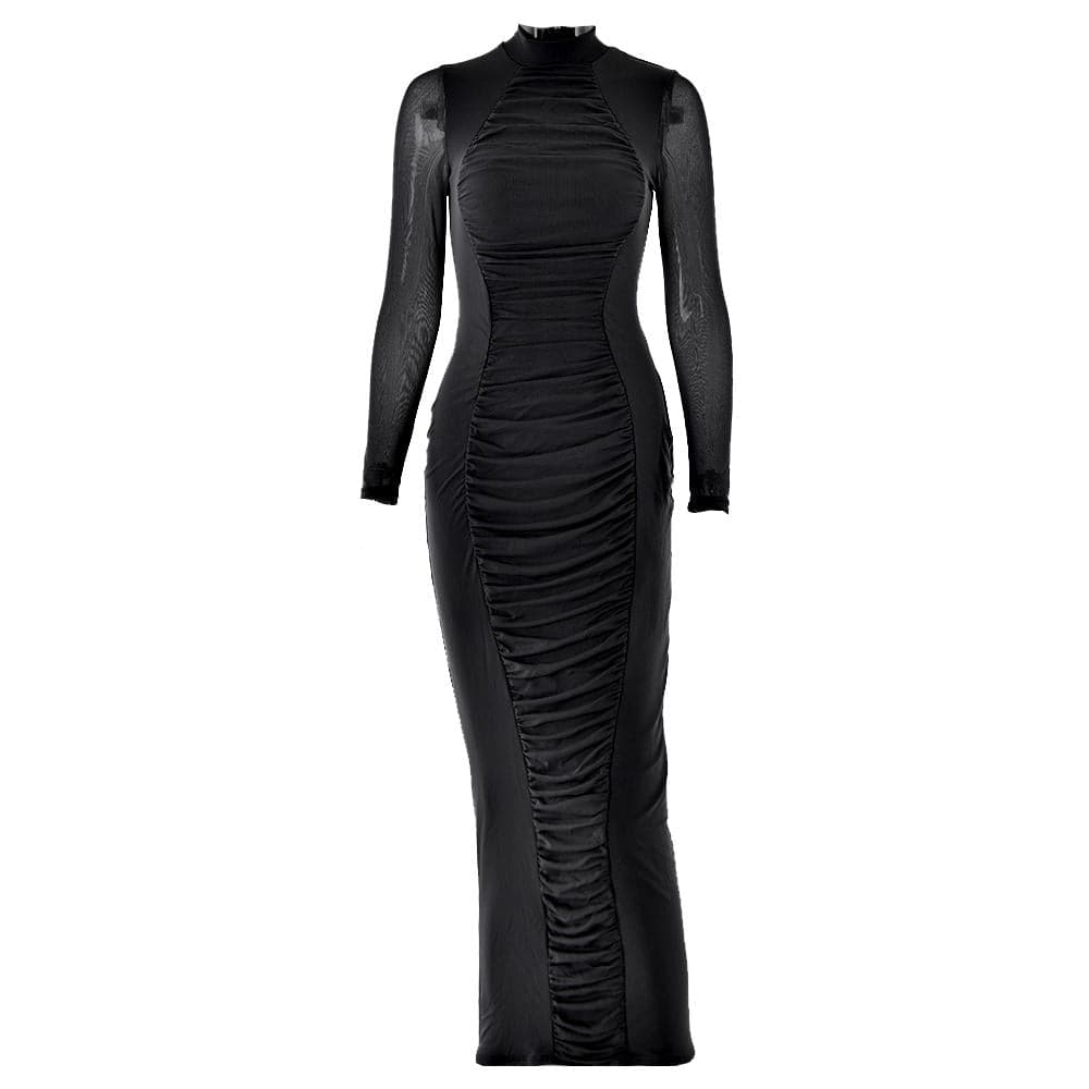 Long sleeve ruched mesh patchwork maxi dress