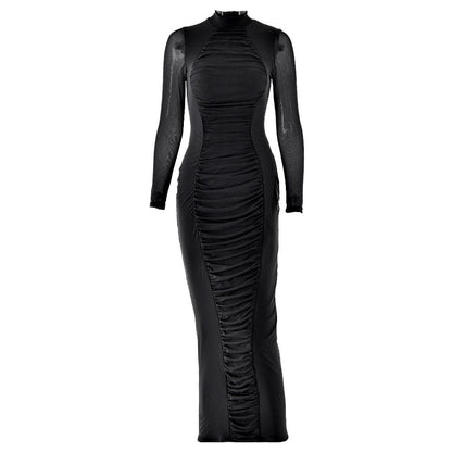 Long sleeve ruched mesh patchwork maxi dress