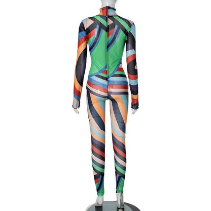 High neck long sleeve ruffle sheer mesh print jumpsuit