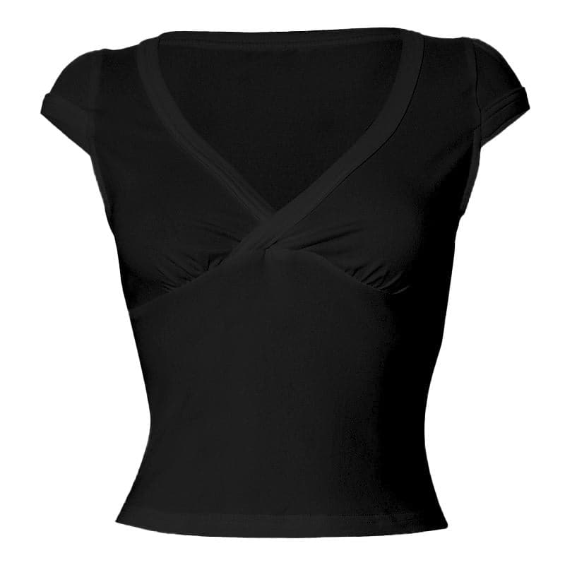 Cap sleeve v neck ruched solid top