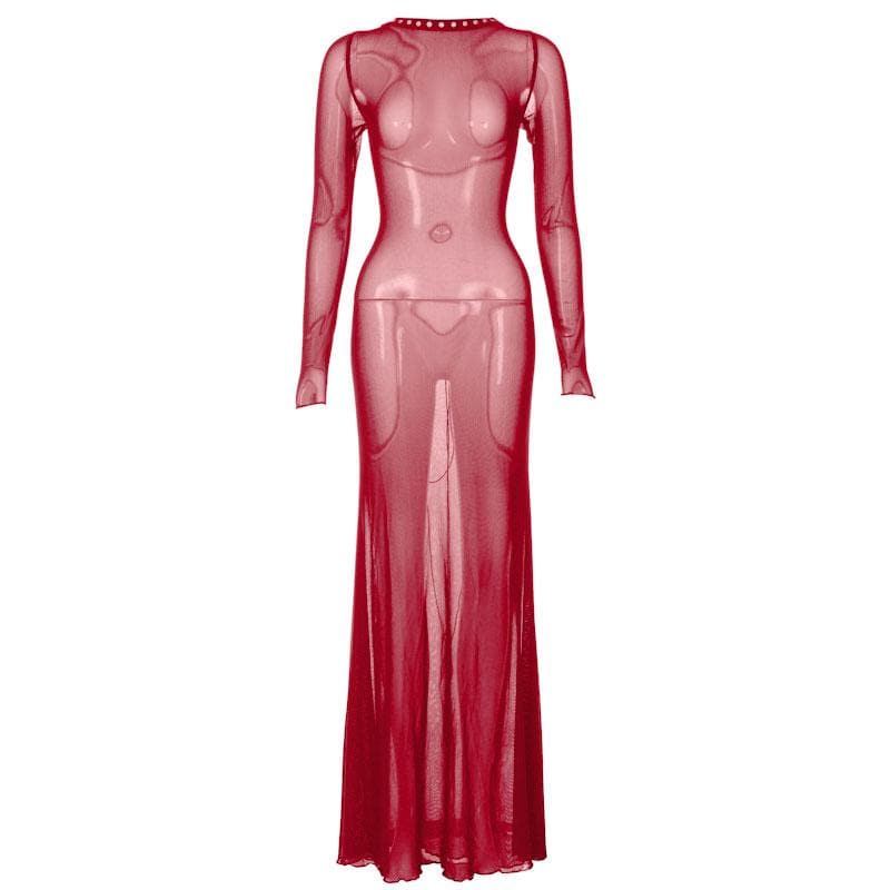 Studded Crew Neck Body Print Sheer Mesh Long Sleeve Maxi Dress