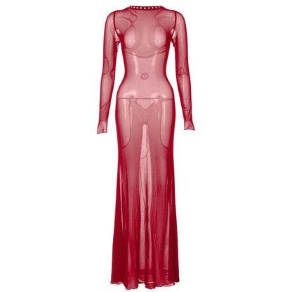 Studded Crew Neck Body Print Sheer Mesh Long Sleeve Maxi Dress