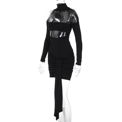 High neck long sleeve ruched hollow out cut out mini dress