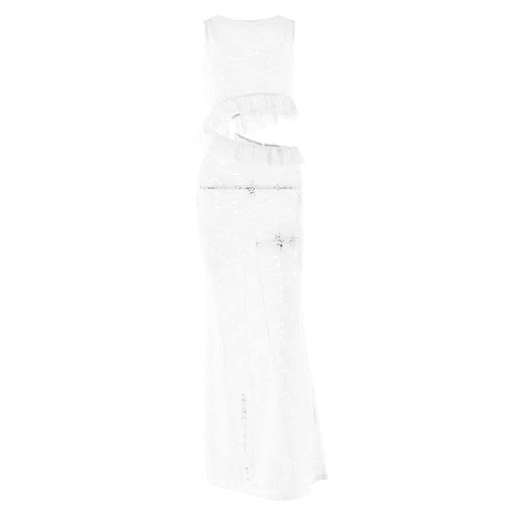 Crewneck hollow out lace ruched see through cut out maxi dress