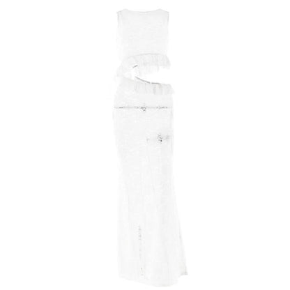 Crewneck hollow out lace ruched see through cut out maxi dress