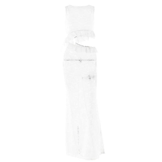 Crewneck hollow out lace ruched see through cut out maxi dress