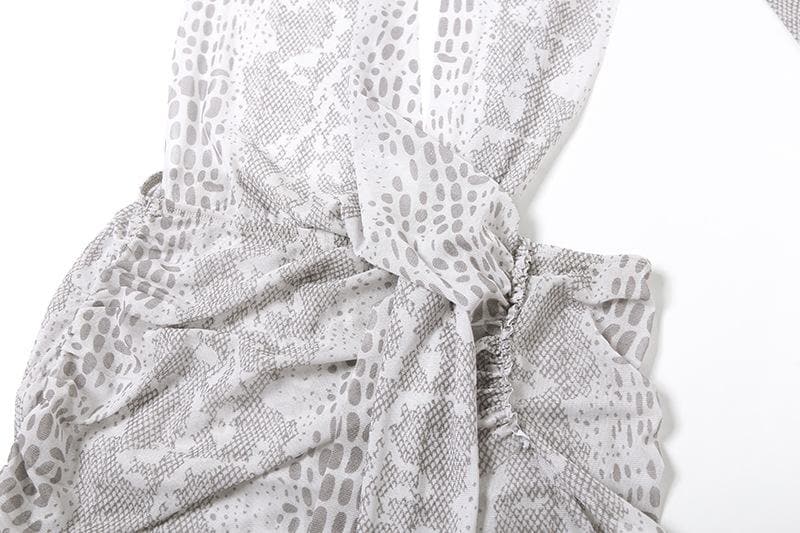 Snakeskin print halter sheer mesh irregular ruched mini dress