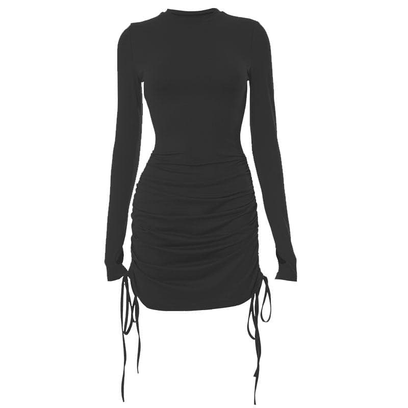 Mock Neck Thumbhole Long Sleeve Drawstring Ruched Mini Dress