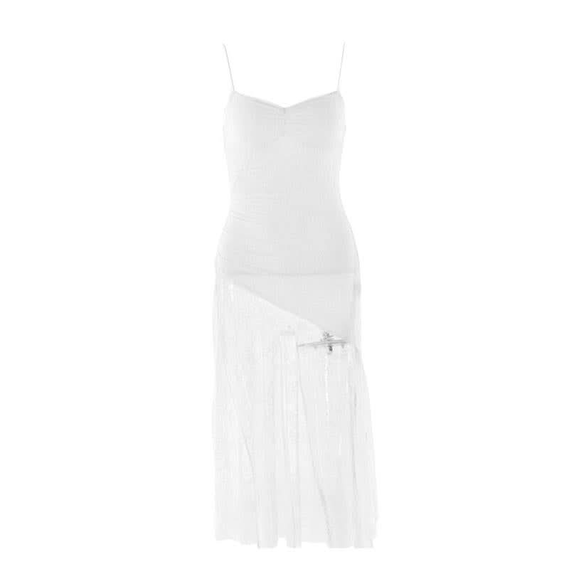 V neck ruched irregular lace spaghetti strap midi dress