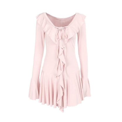 Long flared sleeve ruffle self tie mini dress