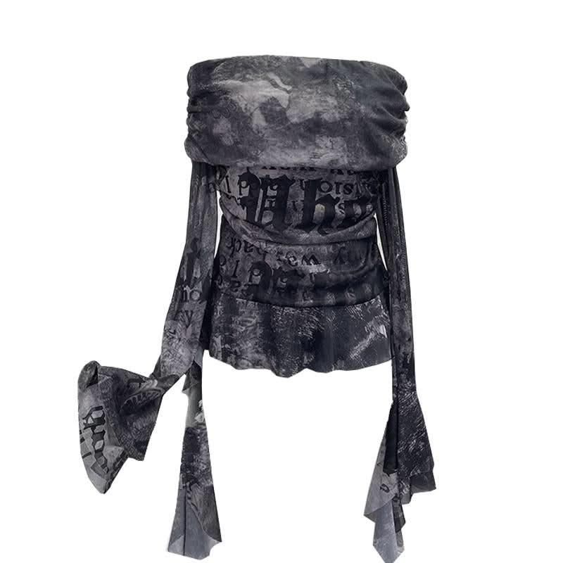Long sleeve mesh print off shoulder ruched top