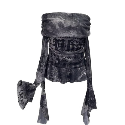 Long sleeve mesh print off shoulder ruched top