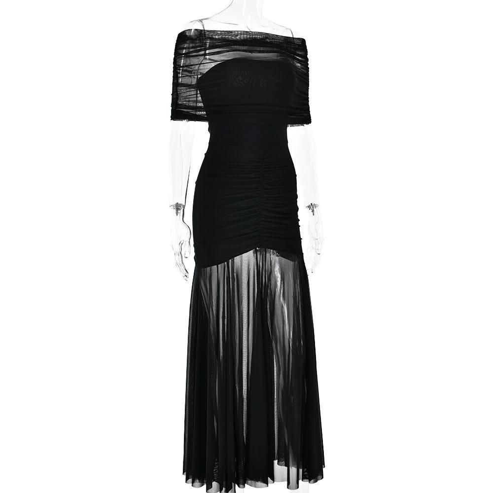 Off shoulder ruched mesh patchwork solid maxi dress