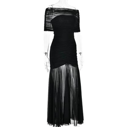 Off shoulder ruched mesh patchwork solid maxi dress