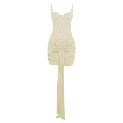Hollow out solid ruched low cut self tie cami bodysuit mini skirt set-final-sale