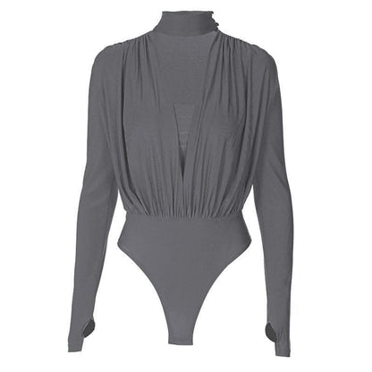 V neck solid ruched gloves high neck long sleeve bodysuit-final-sale