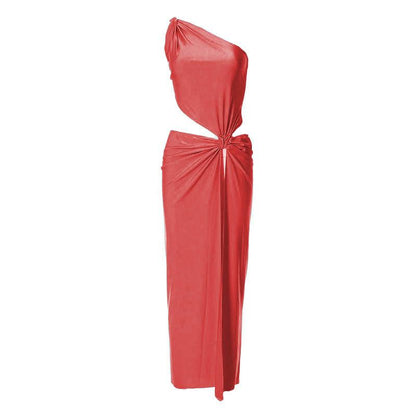 Knotted irregular one shoulder hollow out slit cut out maxi dress