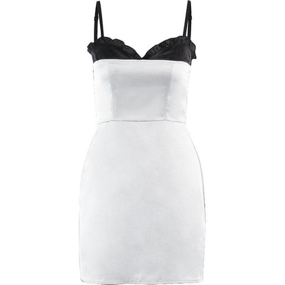 Sweetheart Ruffle Trim Zip Up Backless Satin Cami Mini Dress