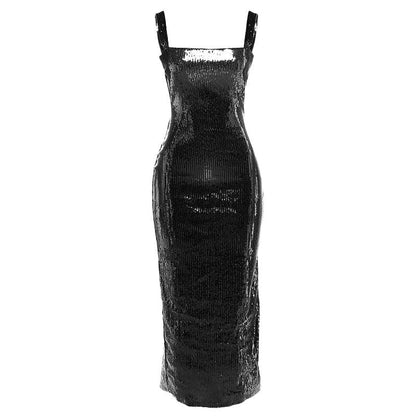 Glitter square neck hollow out metallic cut out midi dress