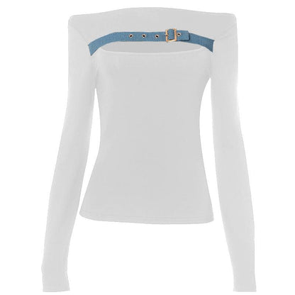 Long sleeve off shoulder buckle hollow out contrast cut out top