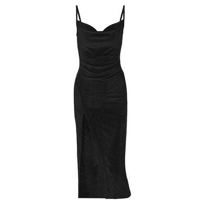 Spaghetti Strap Ruched Side Slit Velvet Bodycon Midi Dress