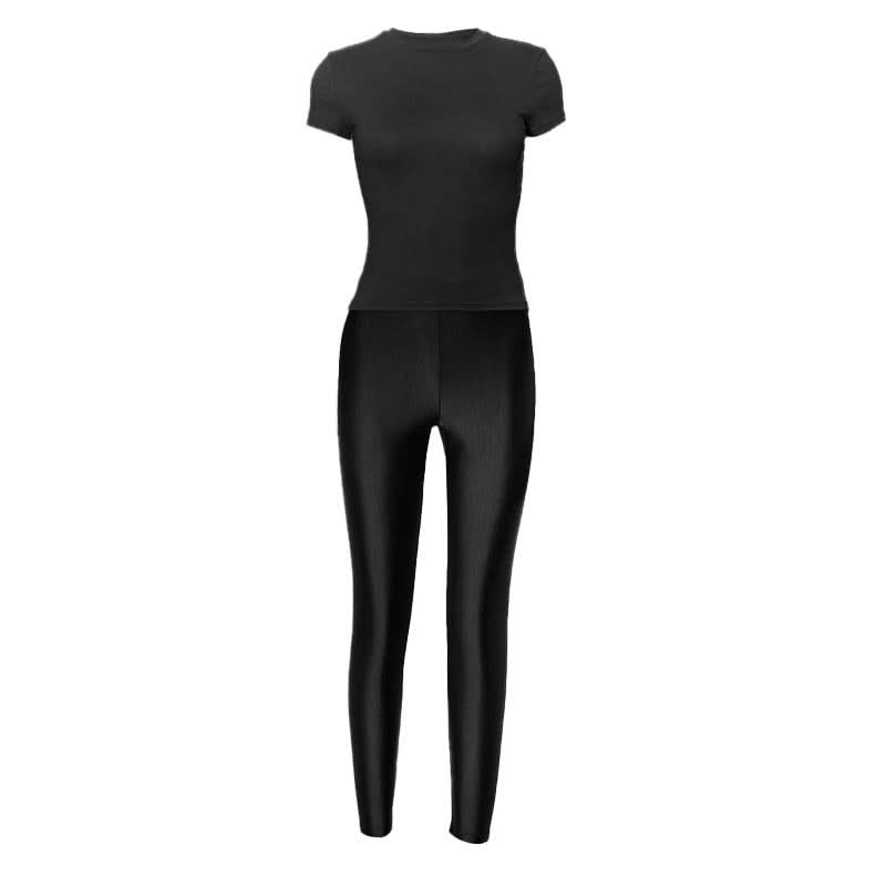 Short sleeve crewneck high rise solid pant set