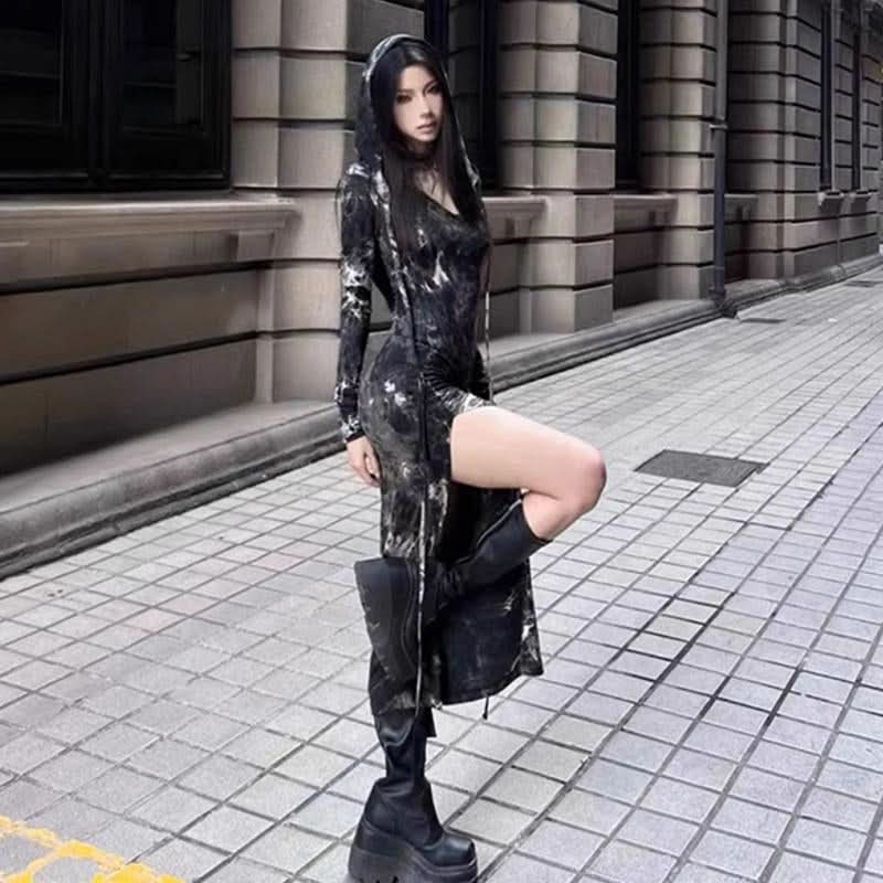 Long sleeve slit tie dye v neck maxi dress