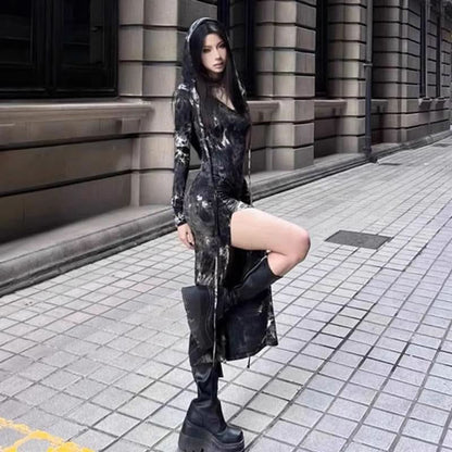 Long sleeve slit tie dye v neck maxi dress