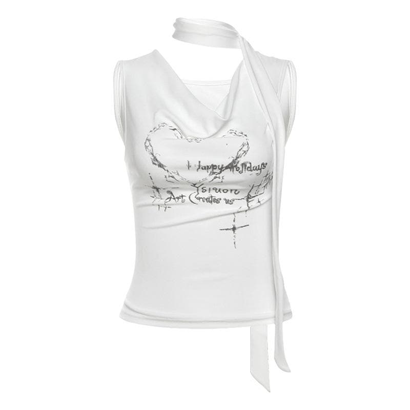 Cowl neck letter print sleeveless contrast crop top