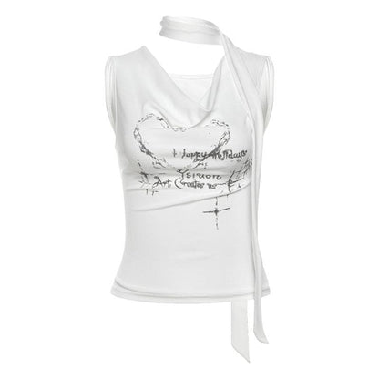 Cowl neck letter print sleeveless contrast crop top