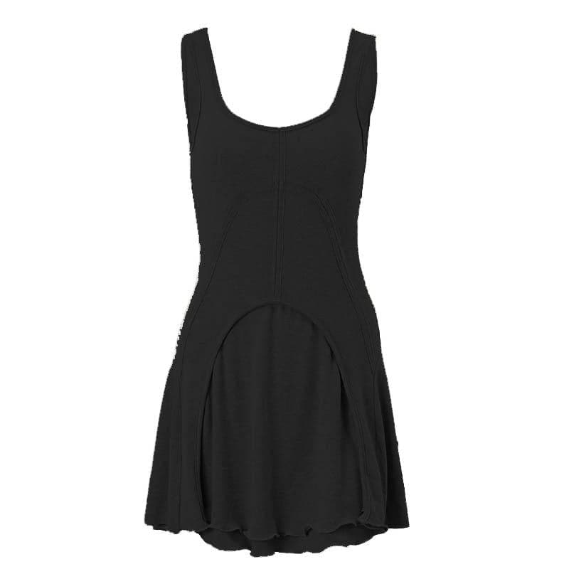 Exposed Seam Arch Panel Scoop Neck Tiered Raw Hem Mini Dress