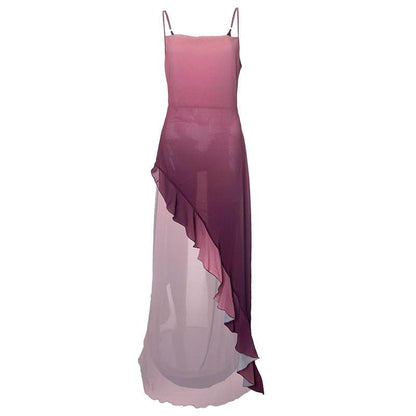 Gradient cowl neck see through ruffle cami maxi dress