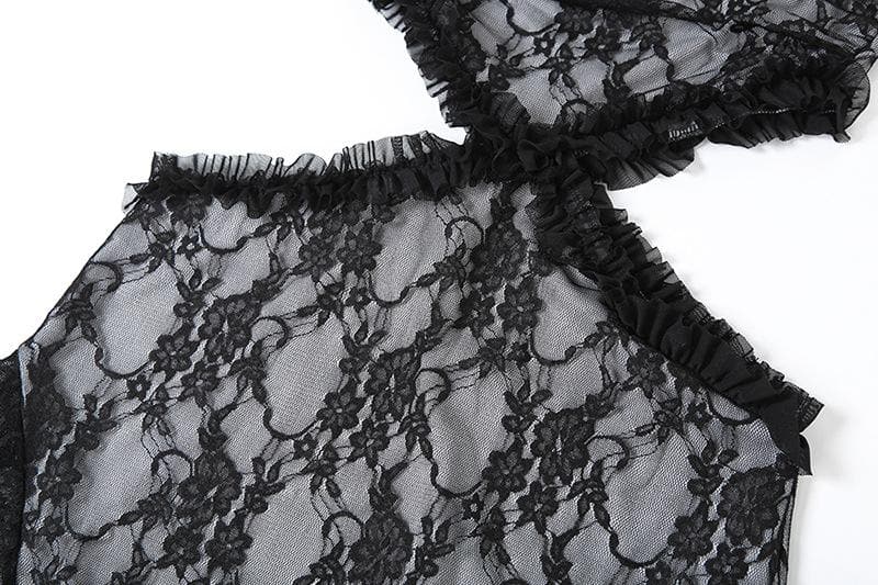 Lace ruffle solid slit hollow out backless tube cut out midi dress