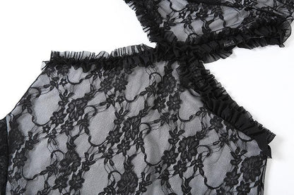 Lace ruffle solid slit hollow out backless tube cut out midi dress