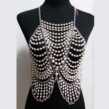 Metal chain beaded hollow out u neck backless cut out top