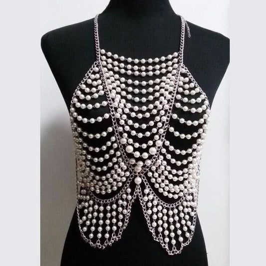 Metal chain beaded hollow out u neck backless cut out top