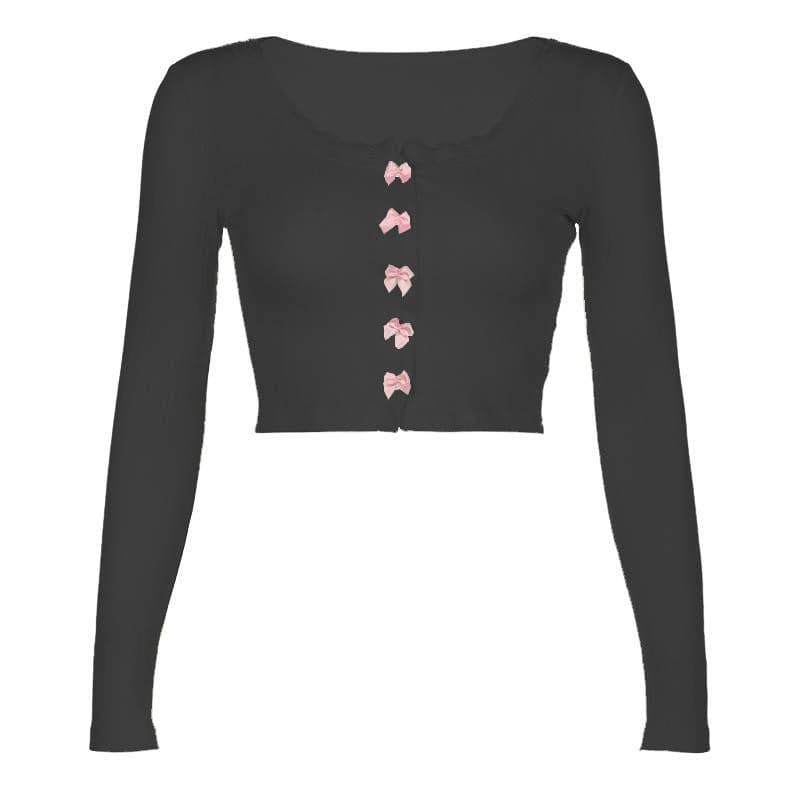 Bowknot textured long sleeve lace hem contrast crop top