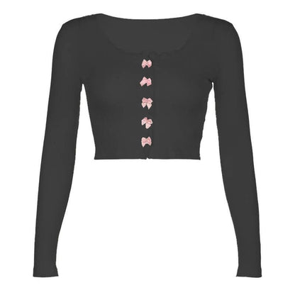 Bowknot textured long sleeve lace hem contrast crop top