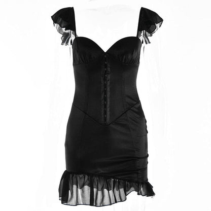 Solid ruched cap sleeve ruffle button mini dress