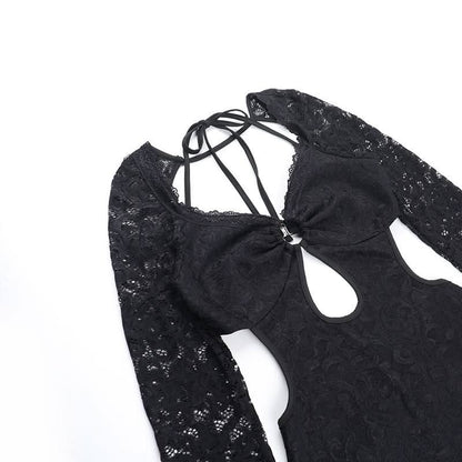 Halter long sleeve lace hollow out o ring cut out mini dress