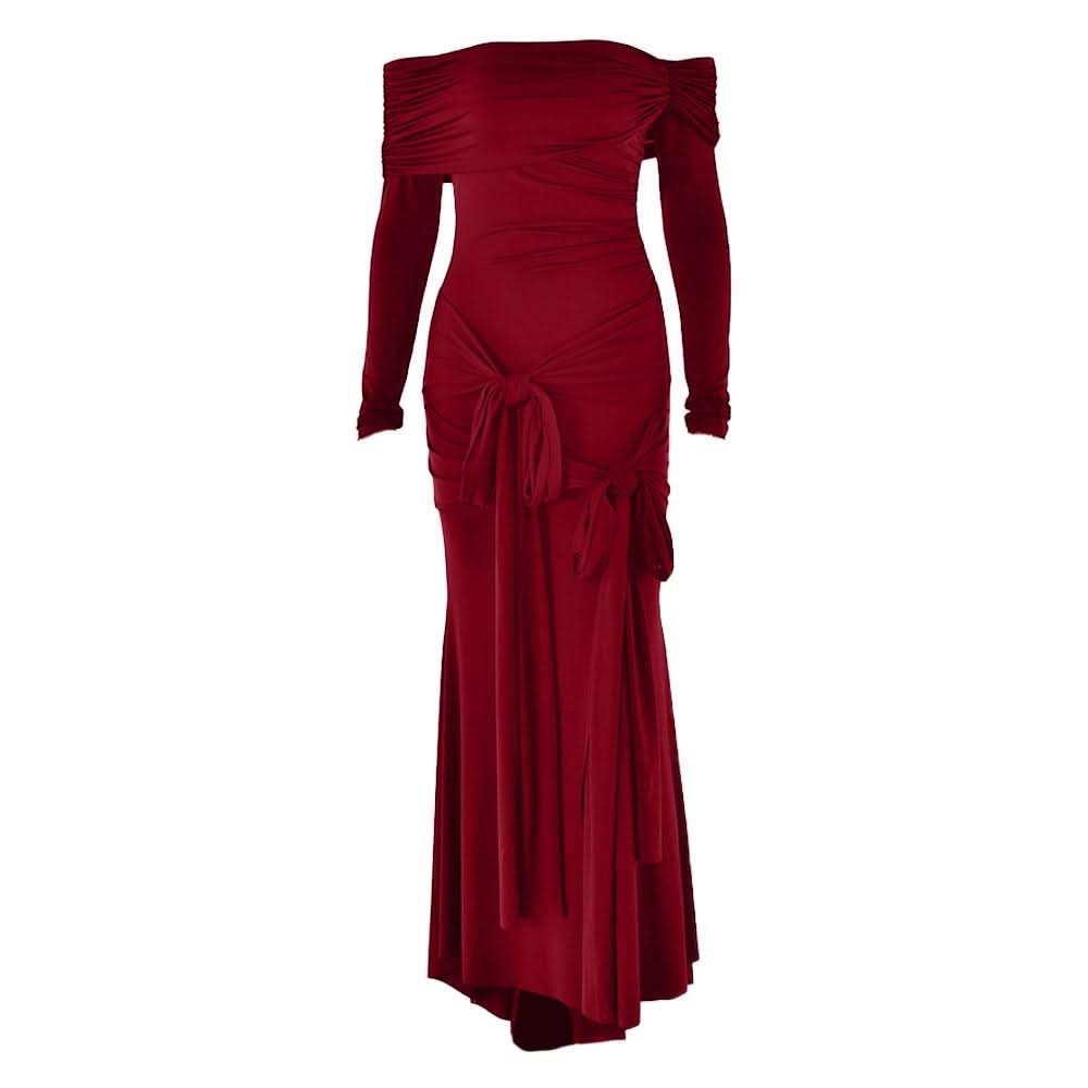 Off shoulder long sleeve ruched self tie maxi dress