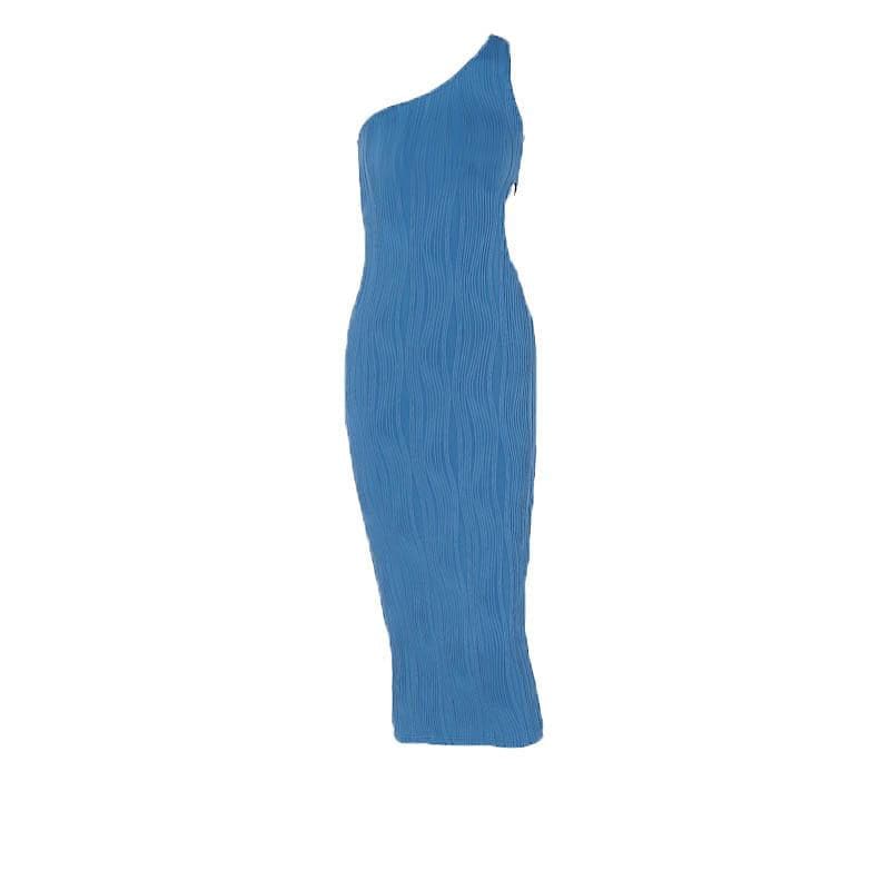 Textured one shoulder irregular hollow out solid cut out midi dress