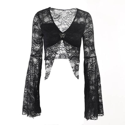 Flared sleeve lace slit v neck solid crop top